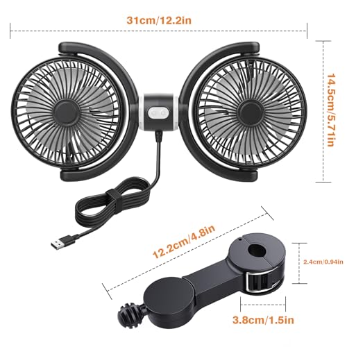 Car Fan USB Powered for Baby Backseat with 3 Speed Separately Controlled (Black+Gray)