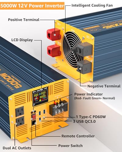 5000 Watt Power Inverter Pure Sine Wave 12V DC to 110V 120V 10000W Peak Heavy Duty Inverter with Remote Control and LED Display (5000W- 12V)