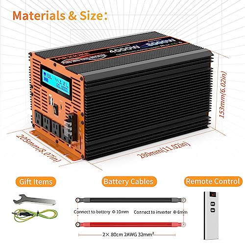 4000 Watt Pure Sine Wave Power Inverter 12V DC to 110V 120V Converter for Family RV Off Grid Solar System Car with Type (12V-4000W)