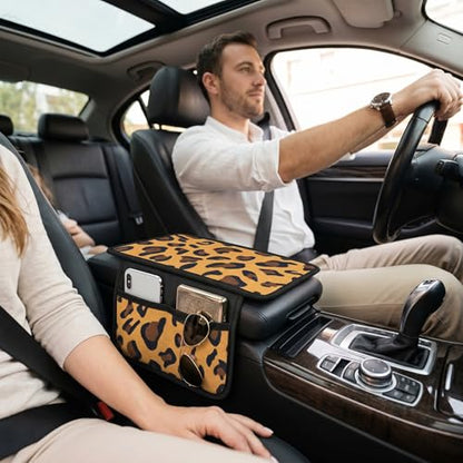Animal Print Car Center Console Armrest Cover with 2 Side Pockets (Leopard Print)
