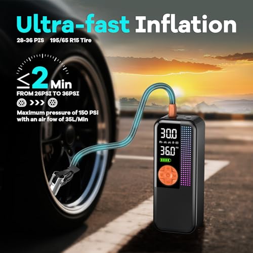 150PSI Portable Cordless Tire Inflator Air Compressor (Orange / 6000mAh)