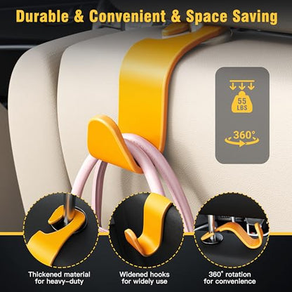 4 Pack Car Headrest Hooks Holds 55lbs Seat Storage Organizer for Bags (Yellow)