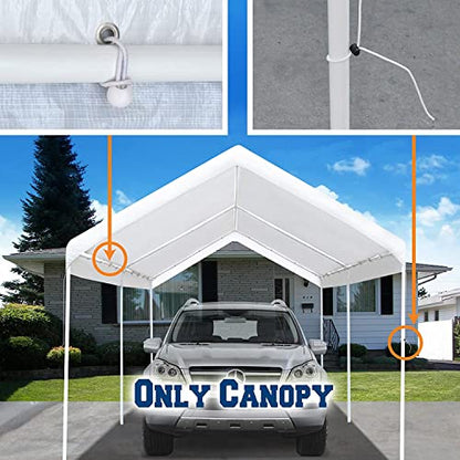 10'x20' Carport Replacement Top Canopy Cover for Car Garage Shelter Tent Party Tent with Ball Bungees White