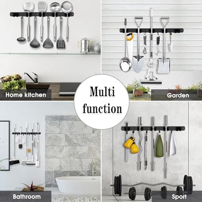 Black Broom Holder Wall Mount (5 Racks & 4 Hooks (Black) - 1 Pack)