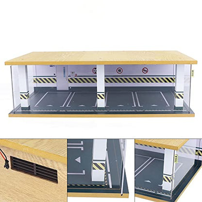 1 24 Parking Garage Model Car Garage Display Case with Clear Acrylic Cover and LED Lighting Toy Car Storage Tabletop Showcase for Boy Kids Home Toy Stores (4 Parking Space)