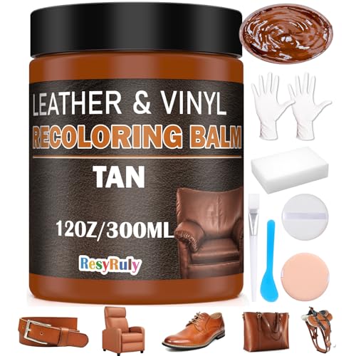 Saddle Tan Leather Dye Light Brown Recoloring Balm Repair Kit Vinyl Car Seat Interior Paint Furniture Couch Recliner Chair Boot Jacket Shoe Bag Purse Color Restorer Fading Scratch Stain Remover (Tan)