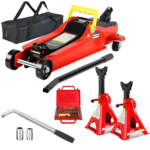 5 Piece Car Truck Floor Jack Service (Red - 2 Ton(Single Pump), Lift 3.3"-15.2" (Floor Jack+2 Jack Stands+Repair Kit+Wrench))