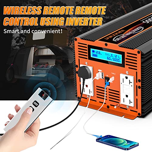 5000W Pure Sine Wave Power Inverter 12V DC to 110V 120V Converter for Family RV Off Grid Solar System Emergency Power Supply (12V-5000W)