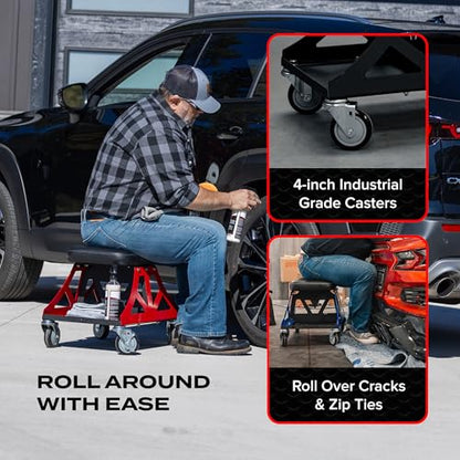 Vyper Low Pro Garage Stool with Removable Seat for Mechanics (Black Seat, Red Frame)