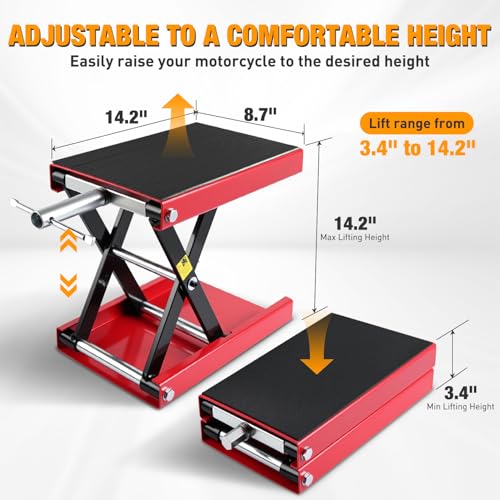 Motorcycle Lift Jack 1100 LBS Scissor Jack Stand Lift from 3.4" to 14.2" with Wide Deck Crank Handle Steel Scissor Hoist Garage Repair Lifter Table Jacks for Motorcycles ATV Dirt Bike (Red)