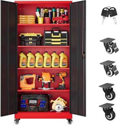 75" Tall Metal Storage Cabinet with Wheels (75"H x 31.5"W x 16"D / Red Black)