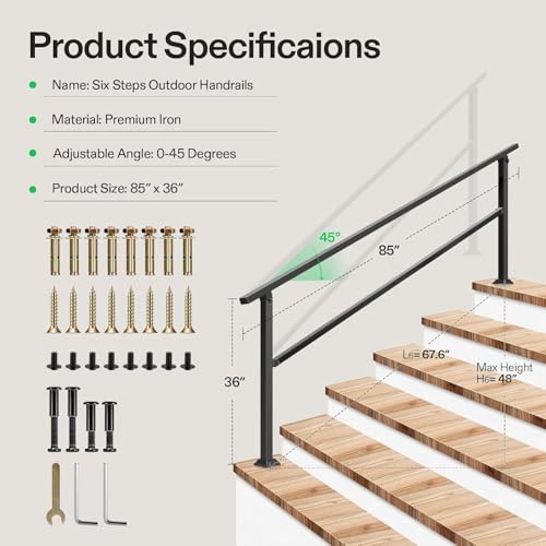 6 Step Stair Handrail 83"x36" Wrought Iron Porch Railing Black (Black / 6 Steps)