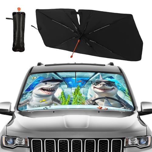 Funny Sharks Car Windshield Sunshade Umbrella Sharks Driving Sun Shade for Car Windshield Umbrella Upgraded Sunshades Blocks UV & Heat Front Window Shades for SUV Sedan Auto (One Size / Style13)