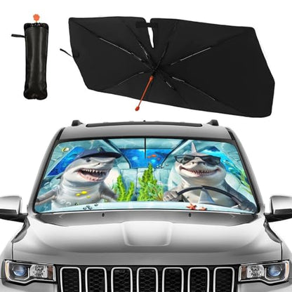 Funny Sharks Car Windshield Sunshade Umbrella Sharks Driving Sun Shade for Car Windshield Umbrella Upgraded Sunshades Blocks UV & Heat Front Window Shades for SUV Sedan Auto (One Size / Style13)