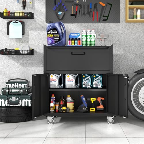 Metal Storage Cabinet for Garage (Black / M - 1 Drawer & 2 Doors (Wheeled))