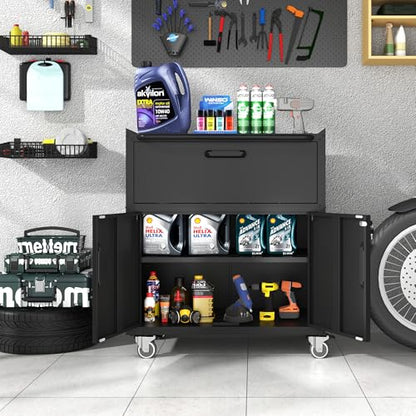 Metal Storage Cabinet for Garage (Black / M - 1 Drawer & 2 Doors (Wheeled))