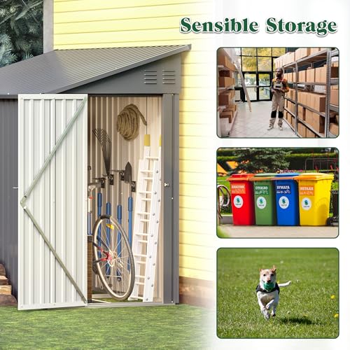 Lean to Storage Shed 4x8 FT Metal Sheds & Outdoor Storage Cabinet Lockable Tool Organization Bike Mower Shed Portable Outside for Garden Patio (4×8ft / Gray)
