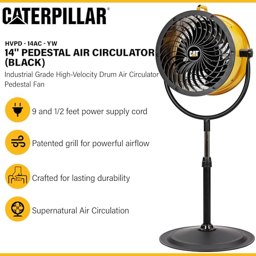 fans - 14”-Blade High-Velocity Pedestal Drum Fan Industrial Grade (Yellow, 4-in-1): 2,300 CFM, 4-Speed, 360 Degree Adjustable Tilt, Dual Ball Bearing Motor with Die-Cast Cover (HVPD-14AC) (Yellow / Pedestal)