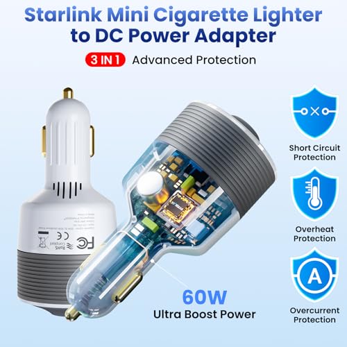 Starlink Mini Car Adapter 12V to 24V DC Step Up Converter with 60W Car Cigarette Lighter Adapter (White)