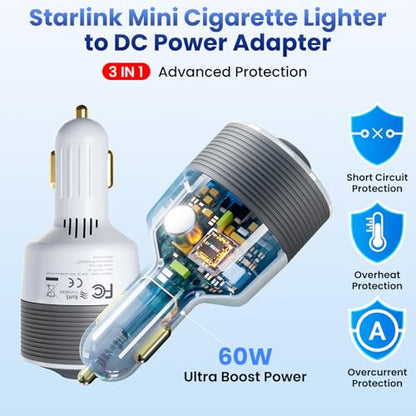 Starlink Mini Car Adapter 12V to 24V DC Step Up Converter with 60W Car Cigarette Lighter Adapter (White)