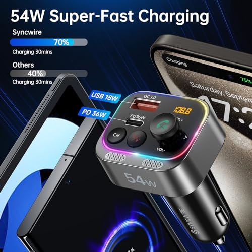 Bluetooth 5.4 FM Transmitter Car Adapter 54W (Silver)