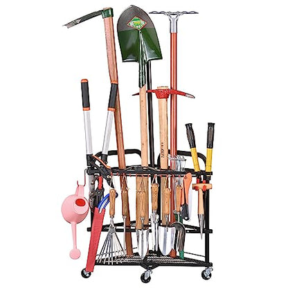 Garden Tool Organizer with Wheels and Storage Hooks (Corner Rack)