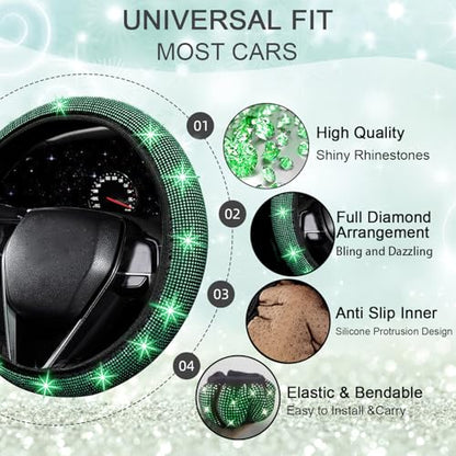 27 PCs Green Bling Car Accessories Set for Women (Green Diamond)