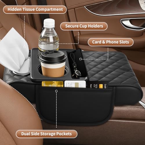 5-in-1 Car Armrest Cushion, Multifunctional PVC Leather Center Console Armrest Pillow Elbow, Universal Arm Box Pad Cover with Cup Holder, Phone Slot, Tissue Box Slot & 2 Storage Bags, Beige (Beige)