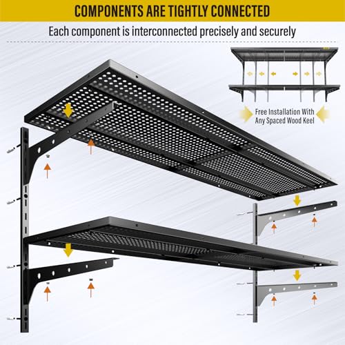 2 Pack 2 Tier 1.3x4ft Garage Shelving Wall Mounted (Black / 4pack-1.3×4ft)