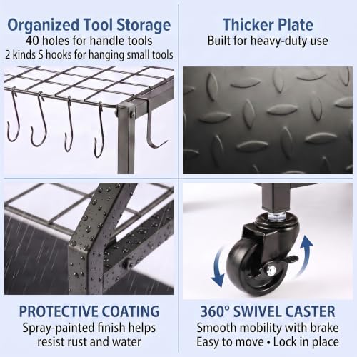 Garden Tool Organizer for Garage Corner (Quadrangel-Wheels-Black)