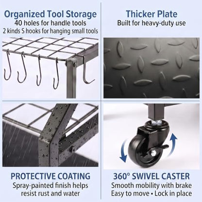 Garden Tool Organizer for Garage Corner (Quadrangel-Wheels-Black)