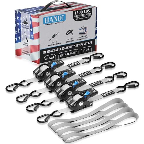 USA Based Retractable Ratchet Straps (1in x 6ft - 4 Pack / Gray)