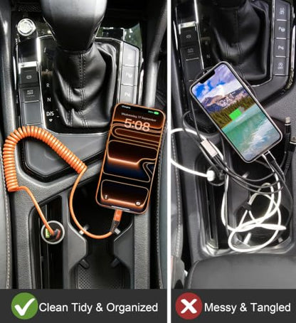 Coiled USB A to USB C Cable for Car [3FT+6FT] (3FT+6FT / Orange)