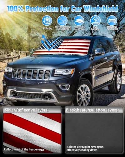 American Flag Car Windshield Sun Shade Compatible with Jeep Grand Cherokee SUV 2011 (for Jeep Grand Cherokee 2011-2021 - USA Flag)