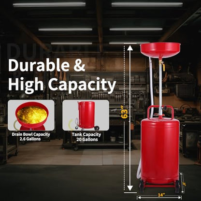 20 Gallon Portable Waste Oil Drain Tank Air Operated Drainage Adjustable Funnel Height with Wheel (20 Gallon)