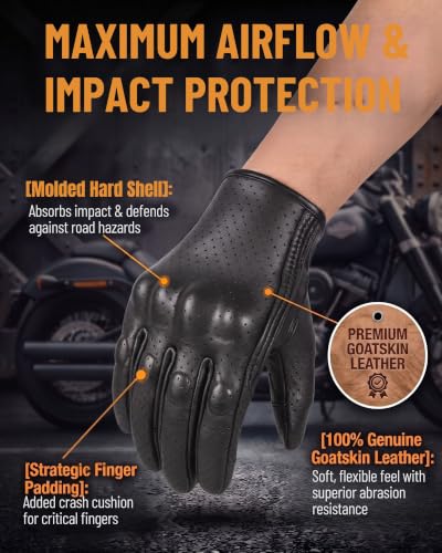 Men's Goatskin Leather Touchscreen Motorcycle Gloves Black (Perforated / X-Large)