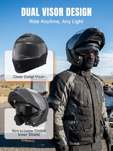 Modular Motorcycle Helmets Full Face Flip up Street Bike Motorcycle Helmet for Unisex Adult Matte Black (Matte Black / Large)