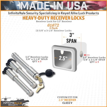 61672 | 3 Pack, Keyed Alike, Receiver Locks for 2" and 2.5" Receiver Class III, IV, V and Gen-Y Hitch Mega Duty 10K LB & 16K LB (Fits: 2" And 2.5" Receiver Class III, IV, & V / 3PK (3) Receiver Locks)