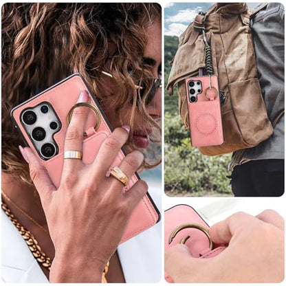 Compatible with Samsung Galaxy S24 Ultra 5G Wallet Case and Screen Protector Crossbody Shoulder Strap Stand Card Holder Magnetic Car Mount Cell Phone Cover for S24Ultra S 24 24Ultra Women Men Pink (Rose Gold / for S24 Ultra)