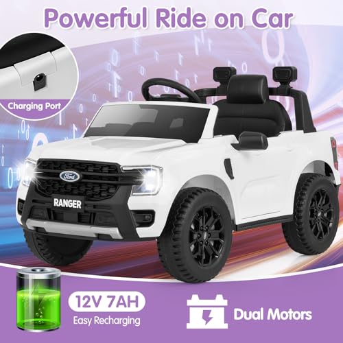 Ride On Car 12V Licensed Ford Ranger Electric Vehicle for Kids (White / 41.5” x 25” x 24”)