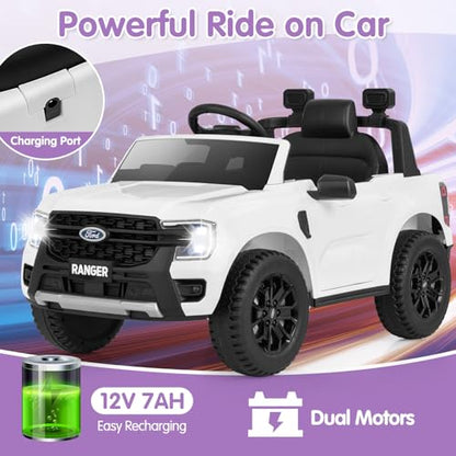 Ride On Car 12V Licensed Ford Ranger Electric Vehicle for Kids (White / 41.5” x 25” x 24”)
