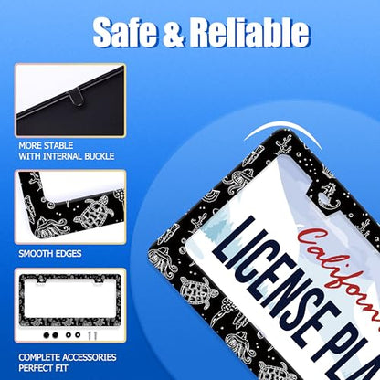 Turtles Print License Plate Frame Stainless Steel Car Accessory 6.3x12.3In (Black White Ocean Animal Turtles)