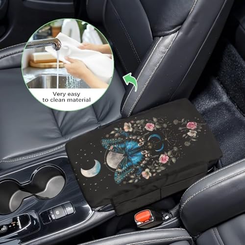 Butterfly Flower Moon Black Car Center Console Cover Comfortable Armrest Box Mat Hand Rest Pillow for Car Seat Organizer Arm Rest Cushion Protective Cover Car Interior Decor (Butterfly Flower Moon Black)