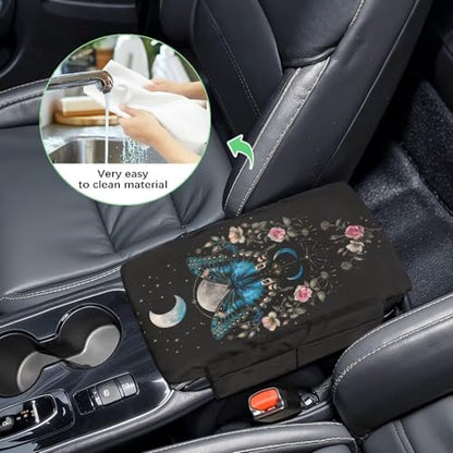 Butterfly Flower Moon Black Car Center Console Cover Comfortable Armrest Box Mat Hand Rest Pillow for Car Seat Organizer Arm Rest Cushion Protective Cover Car Interior Decor (Butterfly Flower Moon Black)
