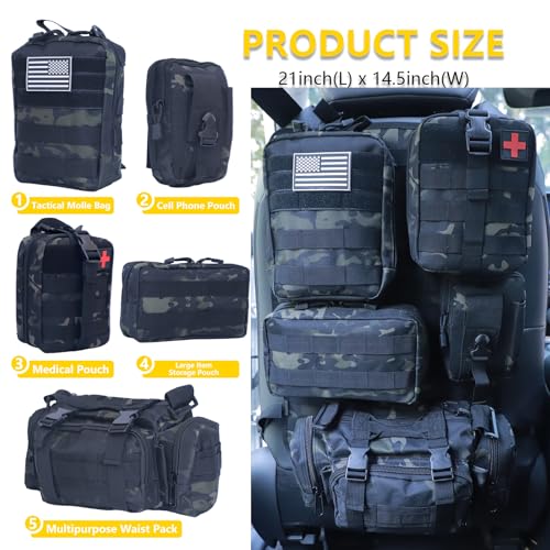 Universal Tactical Seat Back Organizer Vehicle Molle Panel Organizer Storage Bag with 5 Detachable Molle Pouch for All Vehicel Such as Jeep (A model-Black Camo)