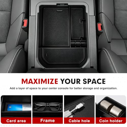 Center Console Organizer for 2024 2025 2026 Toyota Land Cruiser 250 Prado J250 LC250 Accessories Armrest Storage Box Secondary Insert Tray with Black & Red Silicone Mats (2024-2026 Toyota Land Cruiser)