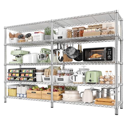 1500LBS Storage Shelves 61.7''W Wire Shelving Unit 5 Tier Metal Shelving for Storage Rack Shelves Heavy Duty Garage Shelf Pantry Shelves Kitchen Shelving (Chrome-15.8" Dx61.7" Wx72.4" H-5 Tier)
