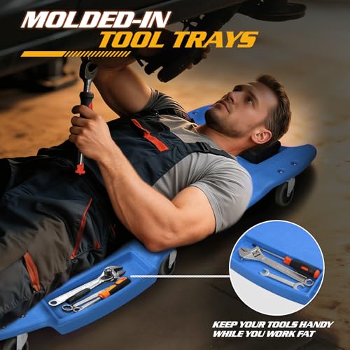 Mechanic Creeper with Padded Headrest & Tool Trays (Blue / 46.5")
