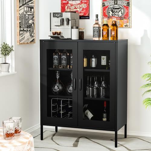 Metal Storage Cabinet with Mesh Doors and Shelves (Black-mesh / 40''H)