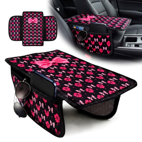 Pink Bow Car Center Console Armrest Cover with 2 Side Pockets (Bows-Black&Pink)